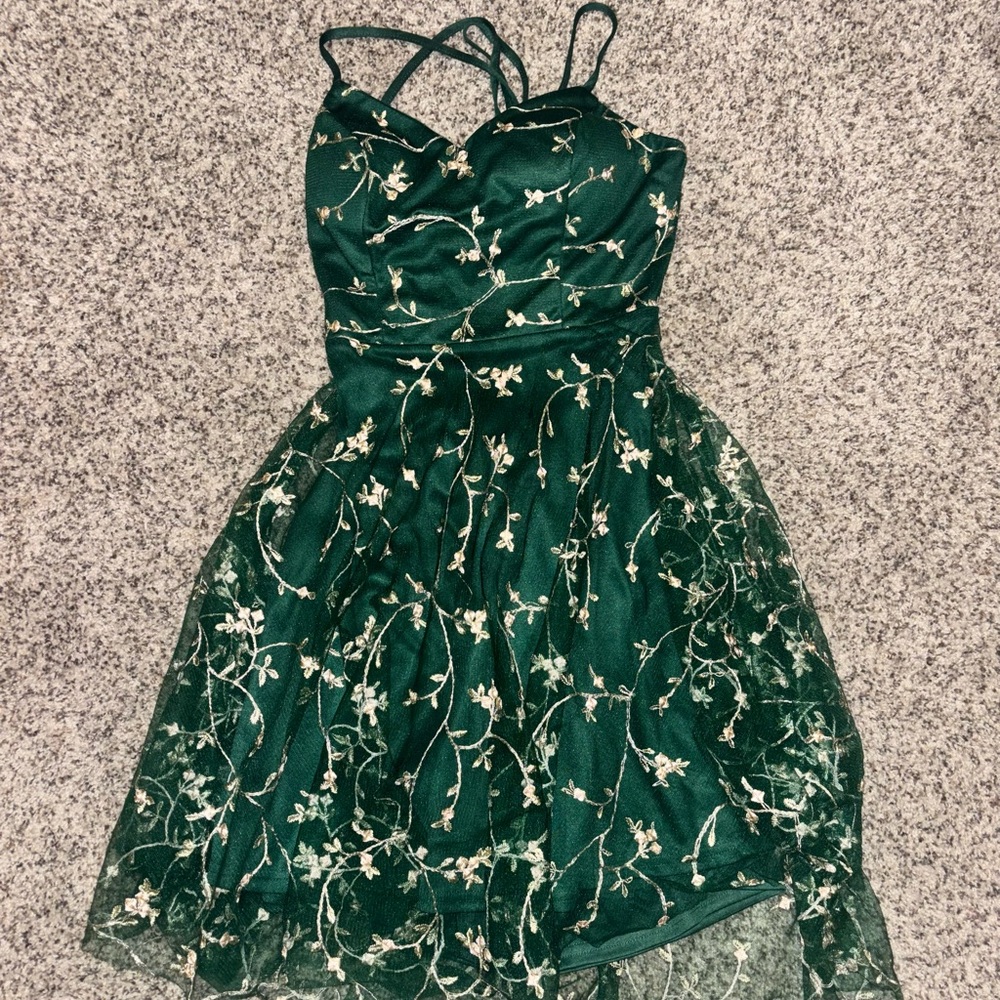 SHEIN Dark Green Floral Embroidered Party Dress